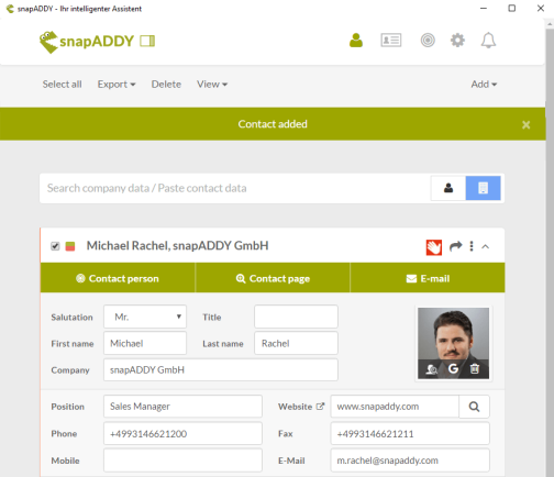 snapADDY weclapp: quickly create leads