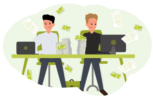 Due impiegati oberati di lavoro alle loro scrivanie con una montagna di carta di dati sui contatti delle fiere da smistare.